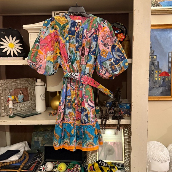 j. marie sloane belted dress multicolor zodiac print puffle sleeves Medium M - Picture 2 of 4